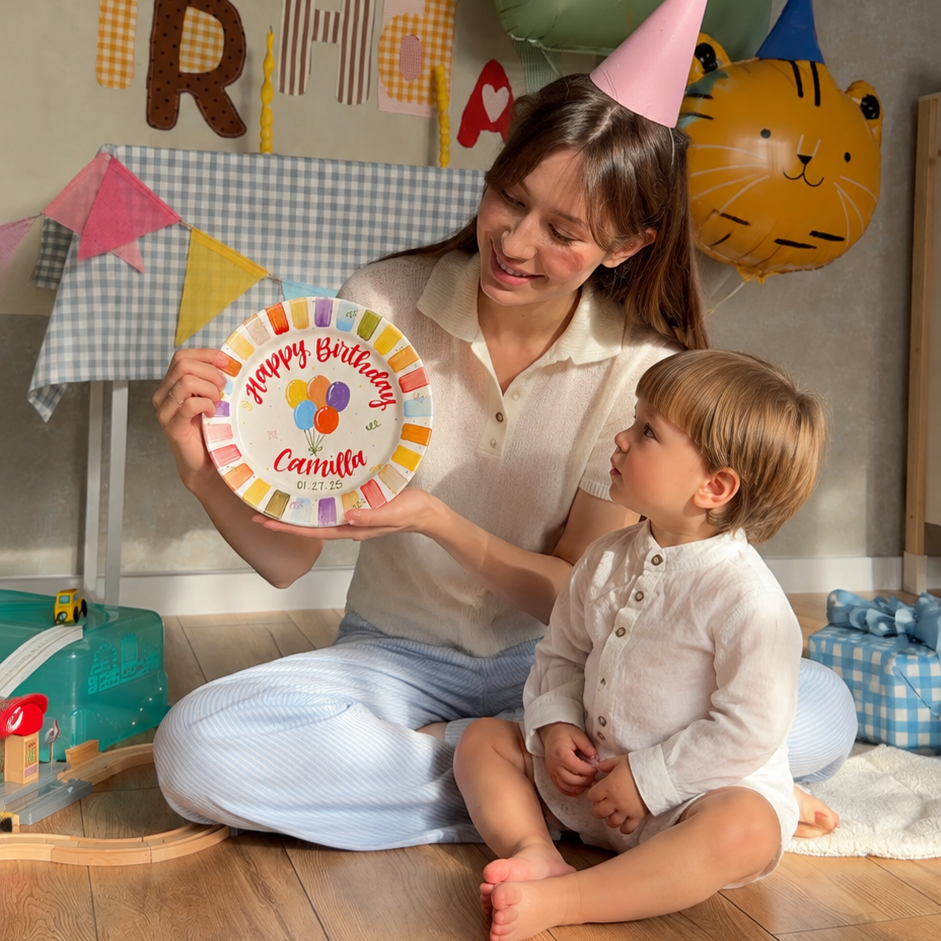 Personalized Birthday Plate – Custom Name with Rainbow Balloon Design and Party Border – Birthday Gift | BGI010