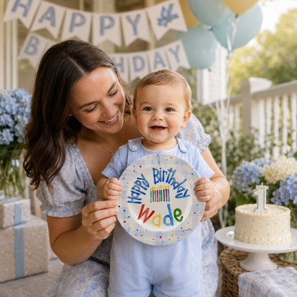 Personalized Birthday Plate – Blue Plaid Border, Colorful Polka Dots & Birthday Candles Design | BHL015