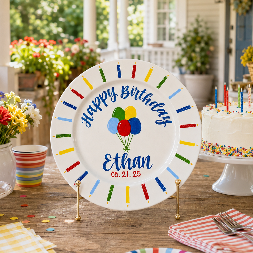A personalized white round birthday plate on a stand, displayed on a decorated porch table with a cake, cupcakes, flowers, and colorful bunting in the background.