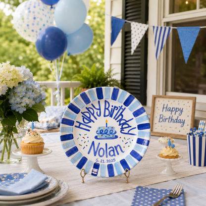 Personalized Birthday Plate Boy, Custom Blue Striped Plate, Hand Painted Ceramic Cake Plate, Heirloom Birthday Tradition Gift | B074