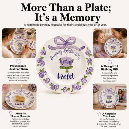 Personalized Purple Birthday Plate, Custom Ceramic Birthday Dish, Purple Bow Floral Cake Plate, Girls Birthday Keepsake Keepsake | BGI020