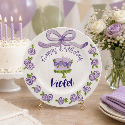 Personalized Purple Birthday Plate, Custom Ceramic Birthday Dish, Purple Bow Floral Cake Plate, Girls Birthday Keepsake Keepsake | BGI020