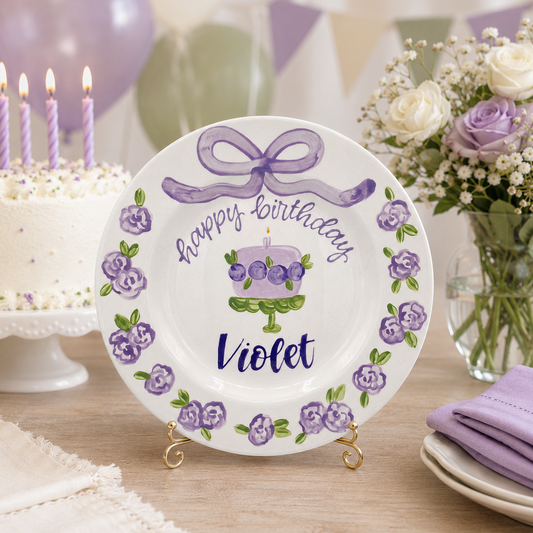 Custom Hand Painted Ceramic Birthday Plate, Lavender Bow Rose Dish, Personalized Birthday Plate, First Birthday Gift Girl | BGI020
