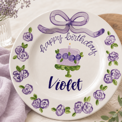 Personalized Purple Birthday Plate, Custom Ceramic Birthday Dish, Purple Bow Floral Cake Plate, Girls Birthday Keepsake Keepsake | BGI020