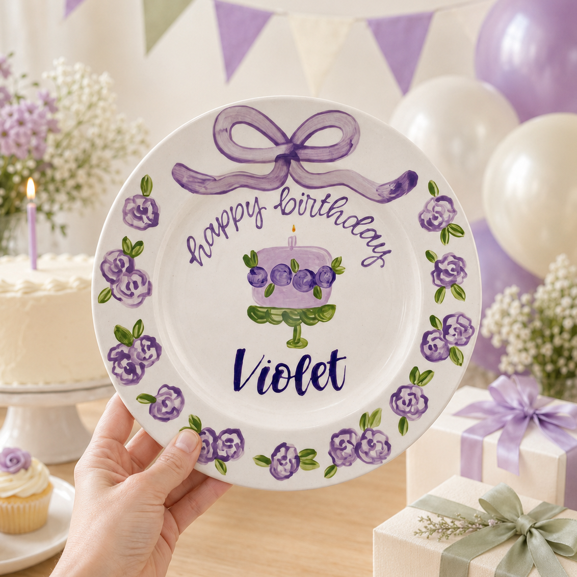 Personalized Purple Birthday Plate, Custom Ceramic Birthday Dish, Purple Bow Floral Cake Plate, Girls Birthday Keepsake Keepsake | BGI020