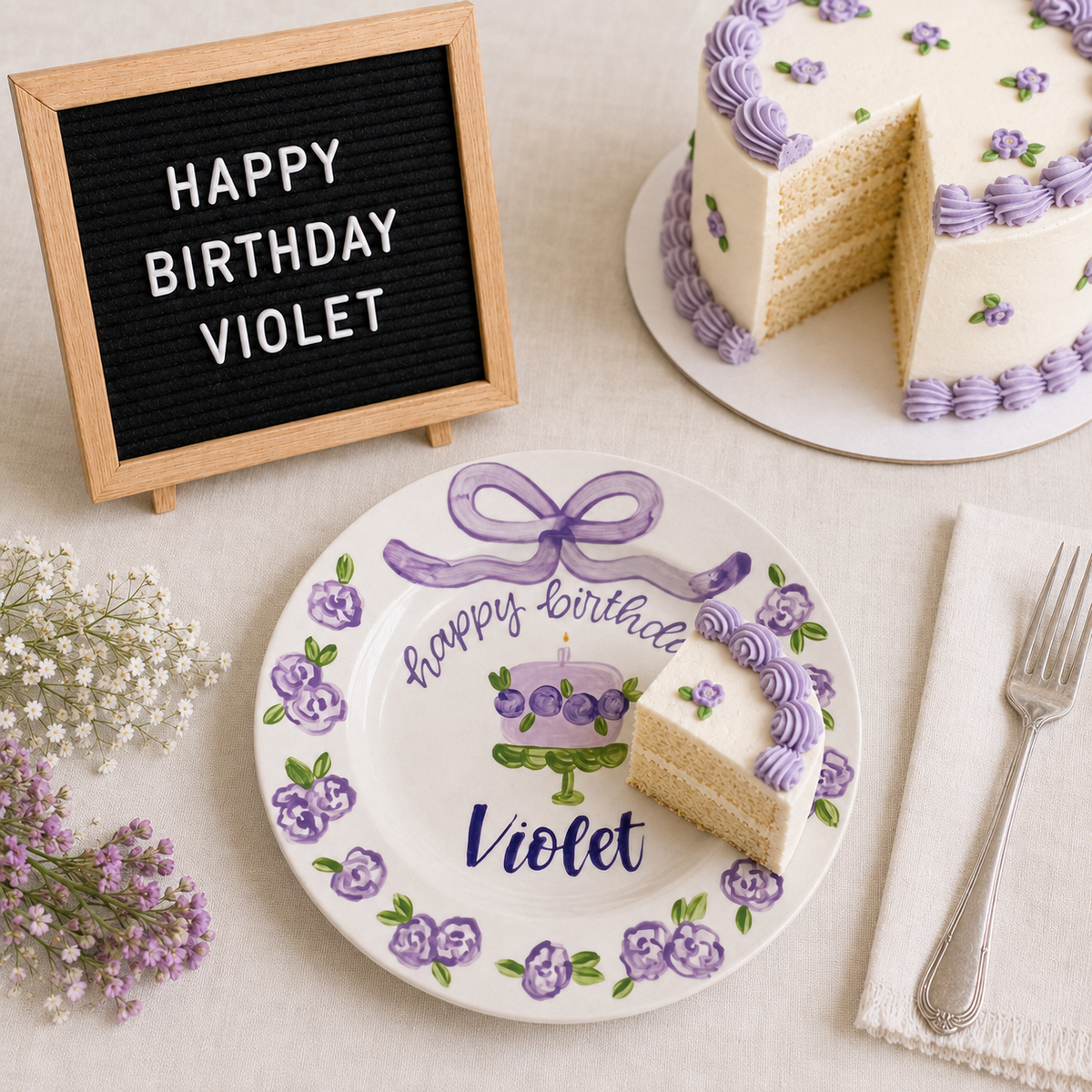 Personalized Purple Birthday Plate, Custom Ceramic Birthday Dish, Purple Bow Floral Cake Plate, Girls Birthday Keepsake Keepsake | BGI020