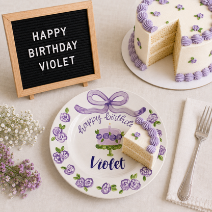 Personalized Purple Birthday Plate, Custom Ceramic Birthday Dish, Purple Bow Floral Cake Plate, Girls Birthday Keepsake Keepsake | BGI020