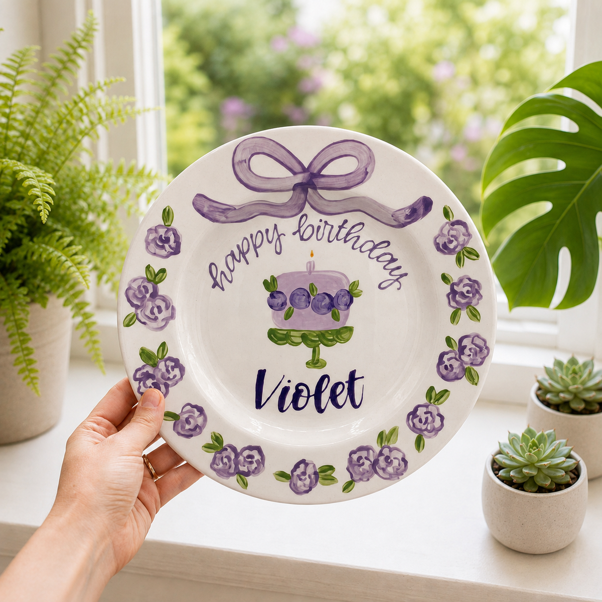 Personalized Purple Birthday Plate, Custom Ceramic Birthday Dish, Purple Bow Floral Cake Plate, Girls Birthday Keepsake Keepsake | BGI020
