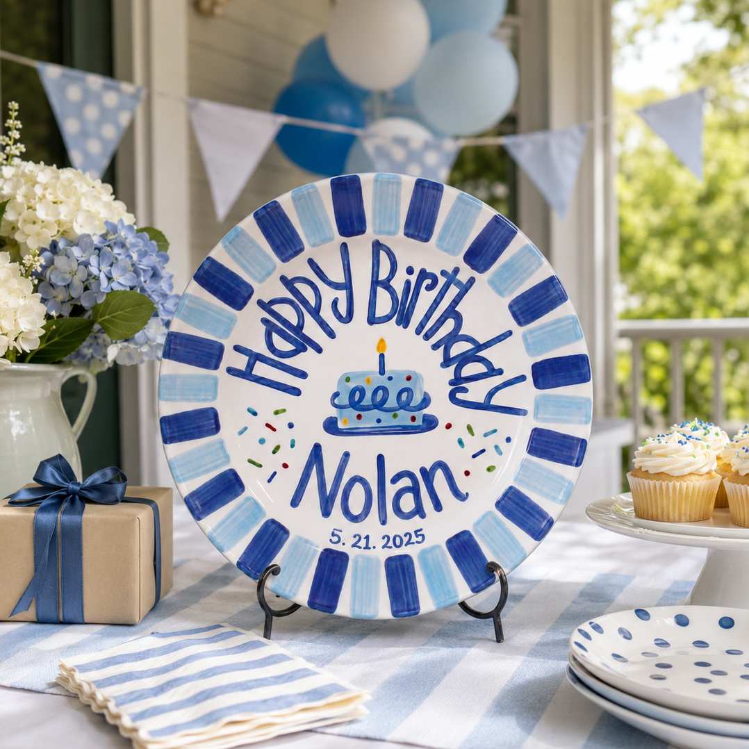Personalized Birthday Plate Boy, Custom Blue Striped Plate, Hand Painted Ceramic Cake Plate, Heirloom Birthday Tradition Gift | B074