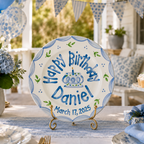 Hand-Painted Leaf Garland Ceramic Birthday Plate, Blue Scalloped Border, Personalized Name Keepsake, Party Decor | B046