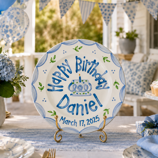 Hand-Painted Leaf Garland Ceramic Birthday Plate, Blue Scalloped Border, Personalized Name Keepsake, Party Decor | B046