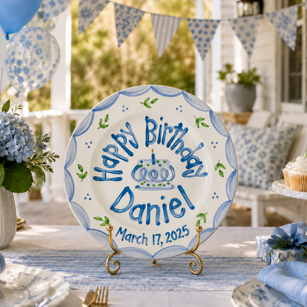 Blue Scalloped Birthday Plate, Hand-Painted Birthday Cake Design, Custom Name Ceramic Keepsake, First Birthday | B046