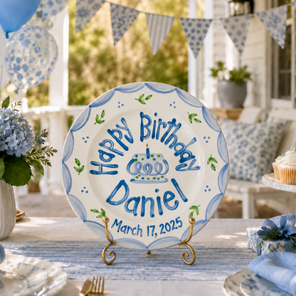 Blue Scalloped Birthday Plate, Hand-Painted Birthday Cake Design, Custom Name Ceramic Keepsake, First Birthday | B046
