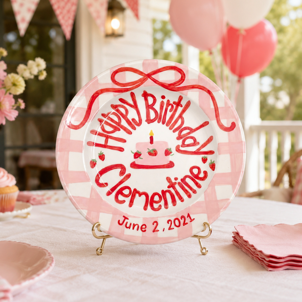 Pink Gingham Edge Birthday Plate, Hand-Painted Red Ribbon & Strawberry Cake Design, Custom Name Ceramic Plate | B019