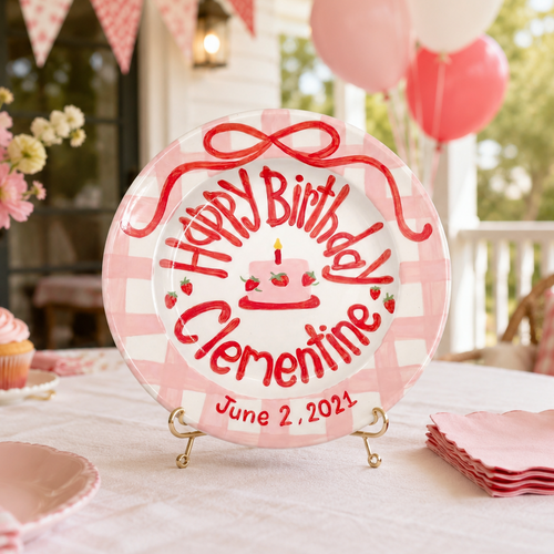 Pink Gingham Birthday Keepsake Plate, Red Bow & Strawberry Design, Hand-Painted Personalized Name Plate | B019