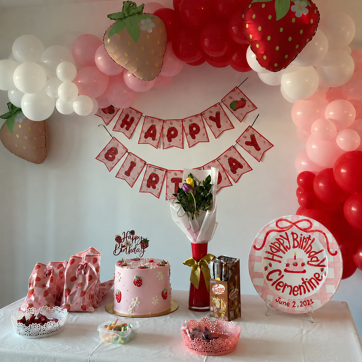 Pink Gingham Edge Birthday Plate, Hand-Painted Red Ribbon & Strawberry Cake Design, Custom Name Ceramic Plate | B019