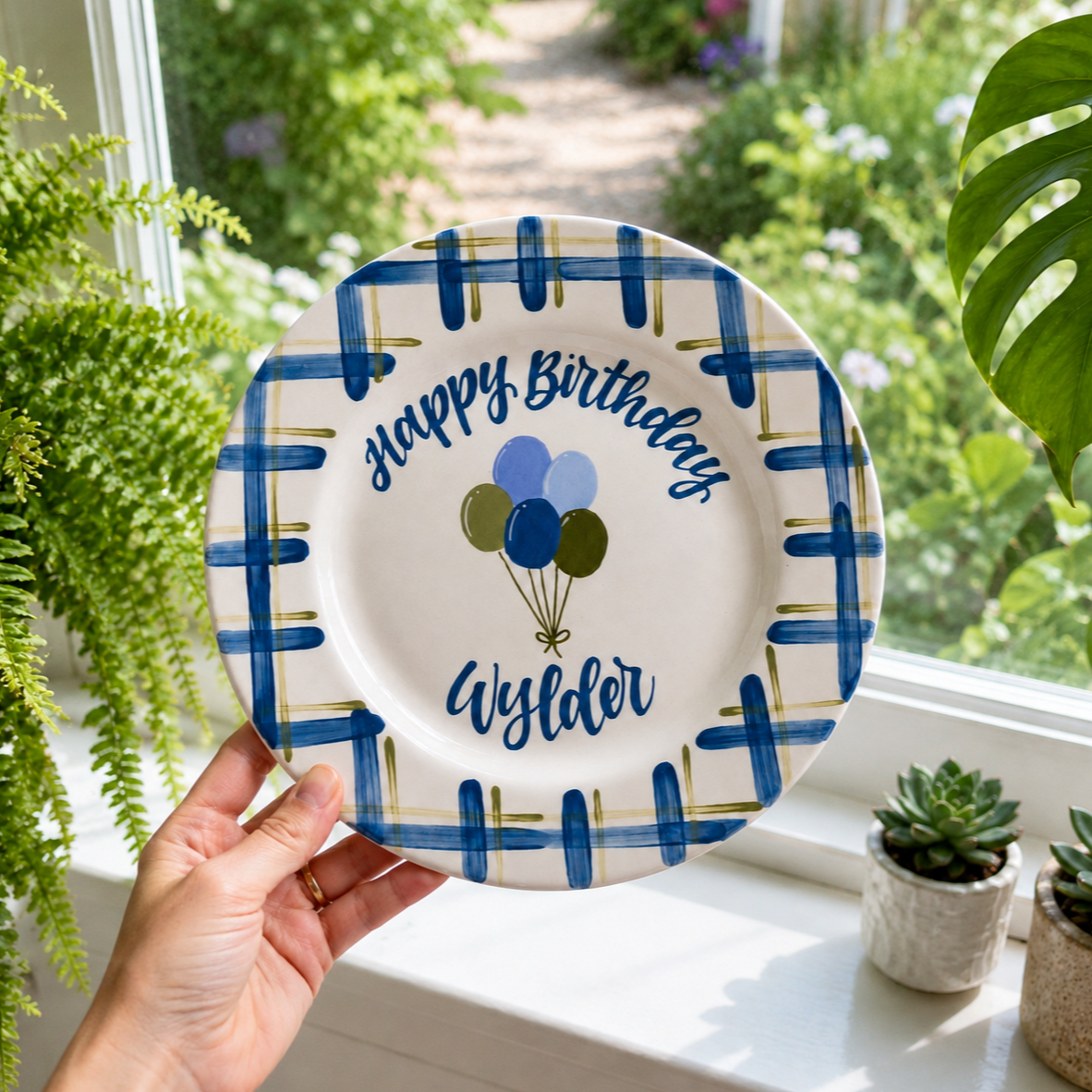 Personalized Birthday Plate – Custom Name Balloon Plate, Hand Painted Ceramic Birthday Keepsake Gift for Boy - Blue Plaid Border | BGI014