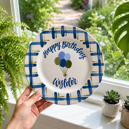 Personalized Birthday Plate – Custom Name Balloon Plate, Hand Painted Ceramic Birthday Keepsake Gift for Boy - Blue Plaid Border | BGI014