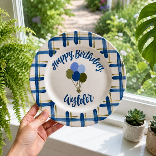 Personalized Birthday Plate – Custom Name Balloon Plate, Hand Painted Ceramic Birthday Keepsake Gift for Boy - Blue Plaid Border | BGI014