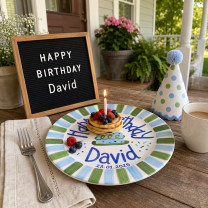 Personalized Birthday Plate Boy, Custom Blue Green Striped Dish, Hand Painted Ceramic Cake Plate, Heirloom Birthday Tradition Gift | B078