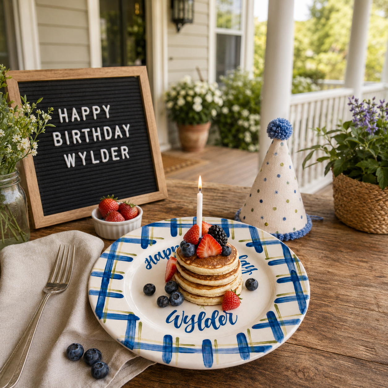 Personalized Birthday Plate – Custom Name Balloon Plate, Hand Painted Ceramic Birthday Keepsake Gift for Boy - Blue Plaid Border | BGI014