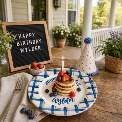 Personalized Birthday Plate – Custom Name Balloon Plate, Hand Painted Ceramic Birthday Keepsake Gift for Boy - Blue Plaid Border | BGI014
