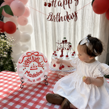 Pink Gingham Edge Birthday Plate, Hand-Painted Red Ribbon & Strawberry Cake Design, Custom Name Ceramic Plate | B019