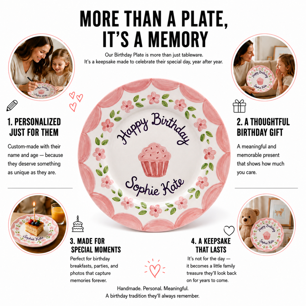 Personalized Pink Birthday Plate, Custom Ceramic Birthday Dish, Pink Cupcake Floral Plate, Girls Birthday Keepsake Keepsake | B024