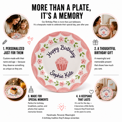 Personalized Pink Birthday Plate, Custom Ceramic Birthday Dish, Pink Cupcake Floral Plate, Girls Birthday Keepsake Keepsake | B024