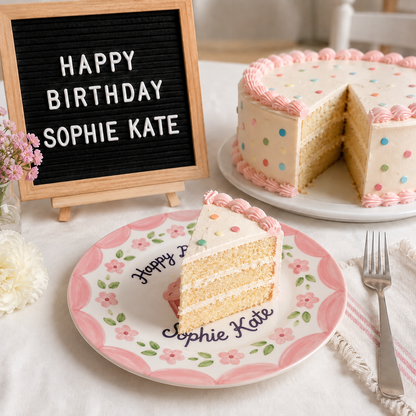 Personalized Pink Birthday Plate, Custom Ceramic Birthday Dish, Pink Cupcake Floral Plate, Girls Birthday Keepsake Keepsake | B024