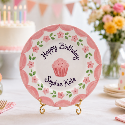 Custom Hand Painted Ceramic Birthday Plate, Pink Scallop Floral Dish, Personalized Birthday Plate, First Birthday Gift Girl | B024