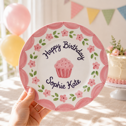 Personalized Pink Birthday Plate, Custom Ceramic Birthday Dish, Pink Cupcake Floral Plate, Girls Birthday Keepsake Keepsake | B024