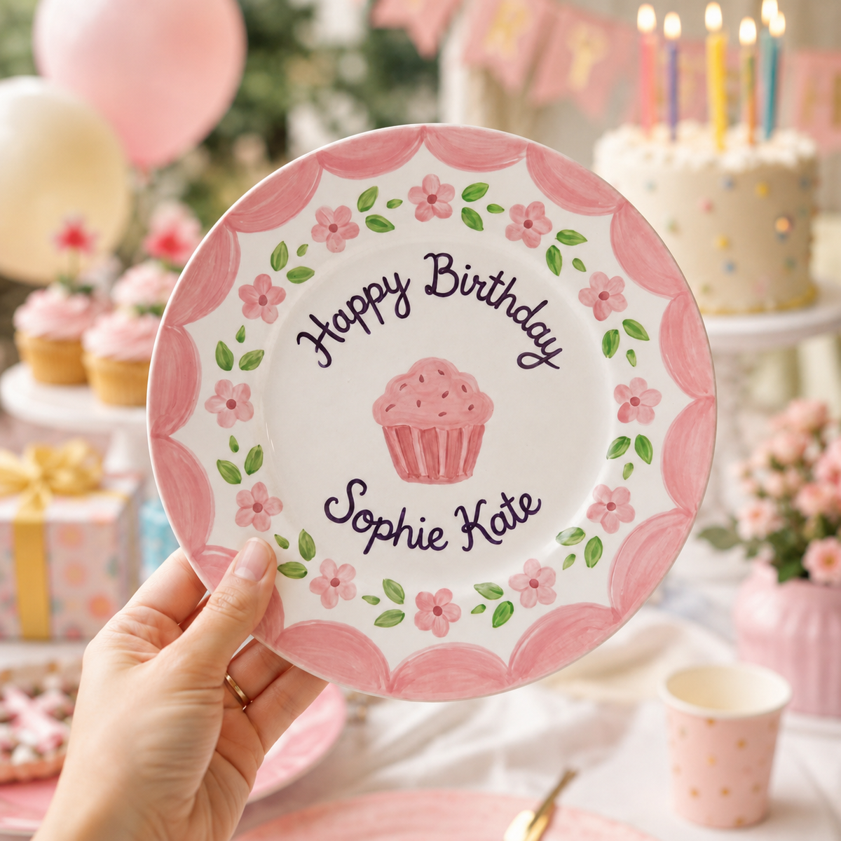Personalized Pink Birthday Plate, Custom Ceramic Birthday Dish, Pink Cupcake Floral Plate, Girls Birthday Keepsake Keepsake | B024