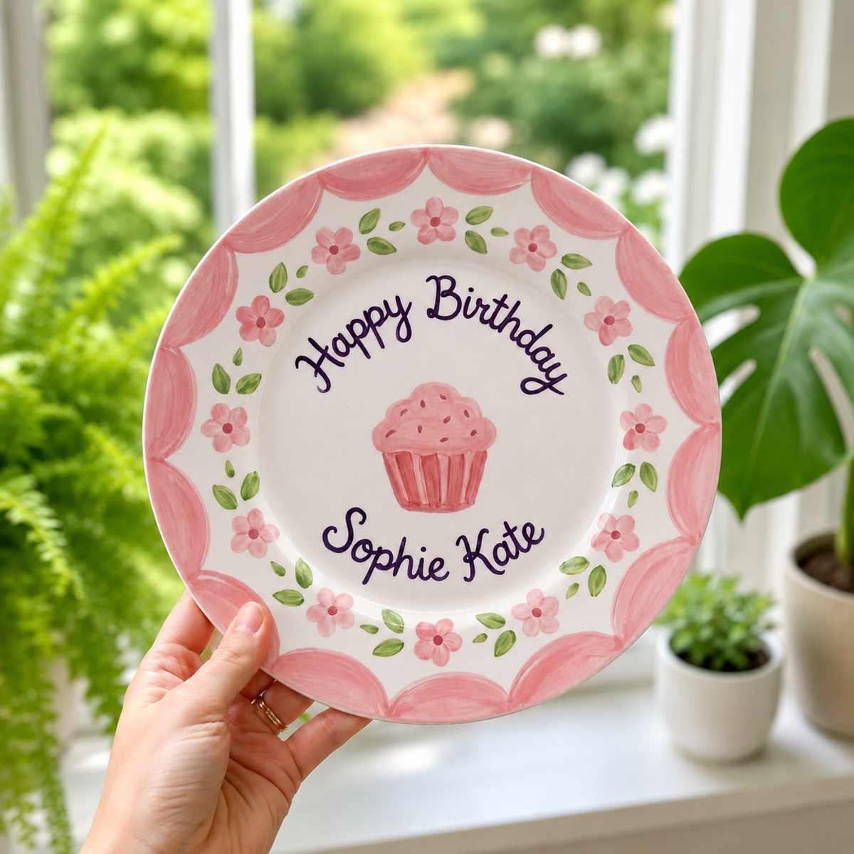 Personalized Pink Birthday Plate, Custom Ceramic Birthday Dish, Pink Cupcake Floral Plate, Girls Birthday Keepsake Keepsake | B024