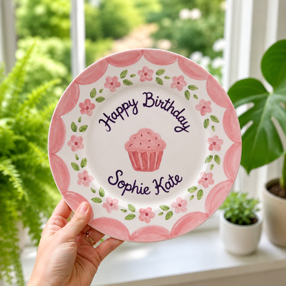 Personalized Pink Birthday Plate, Custom Ceramic Birthday Dish, Pink Cupcake Floral Plate, Girls Birthday Keepsake Keepsake | B024