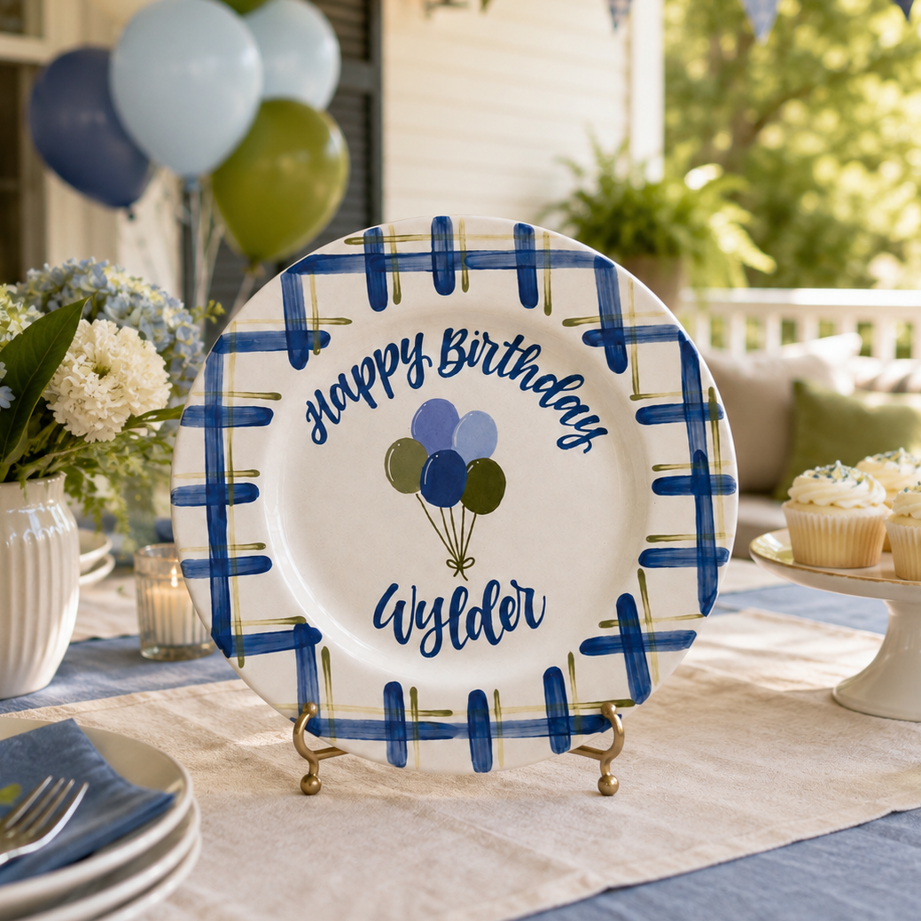 Personalized Birthday Plate – Custom Name Balloon Plate, Hand Painted Ceramic Birthday Keepsake Gift for Boy - Blue Plaid Border | BGI014