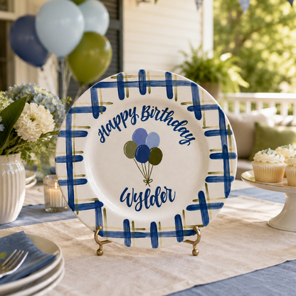 Personalized Birthday Plate – Custom Name Balloon Plate, Hand Painted Ceramic Birthday Keepsake Gift for Boy - Blue Plaid Border | BGI014