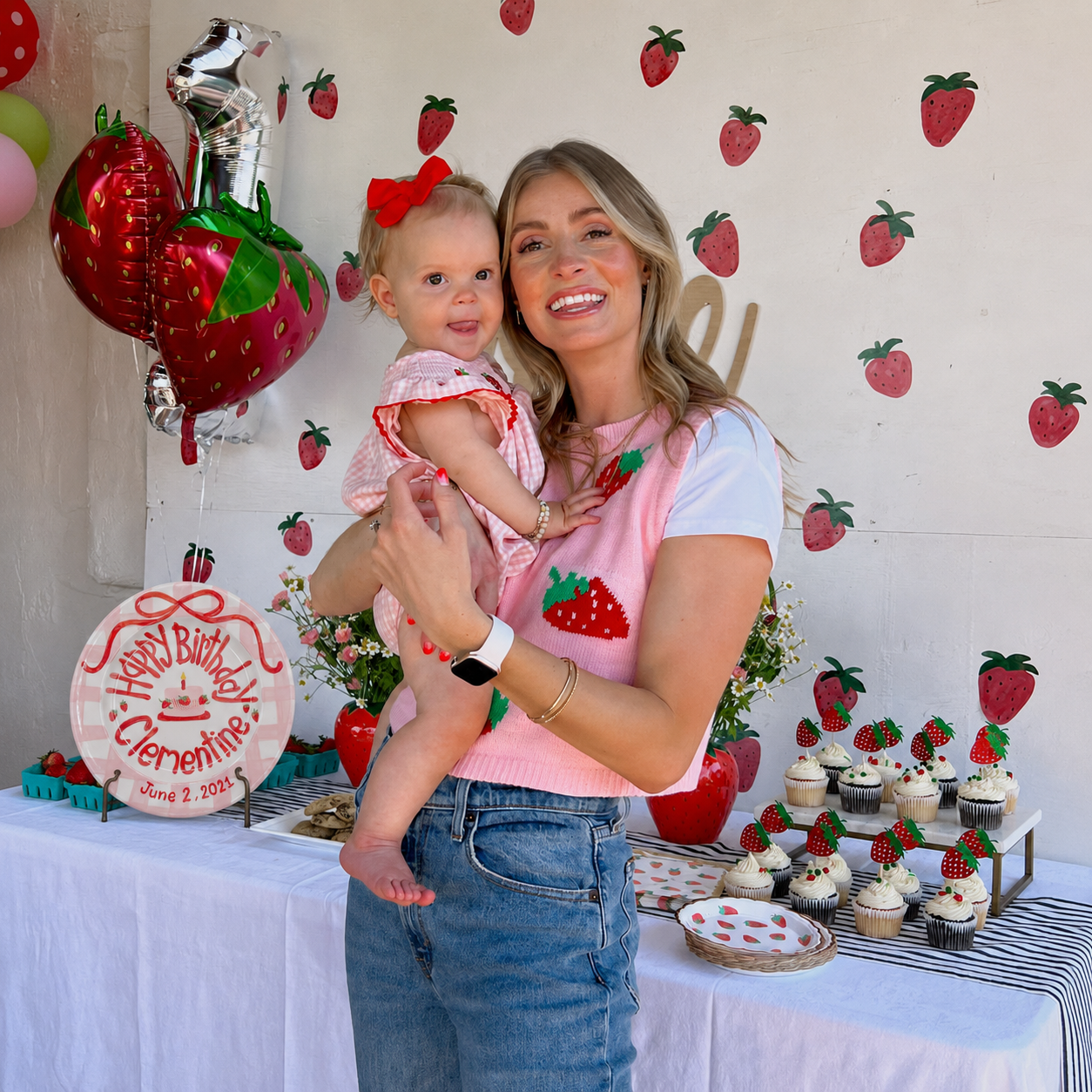 Pink Gingham Edge Birthday Plate, Hand-Painted Red Ribbon & Strawberry Cake Design, Custom Name Ceramic Plate | B019