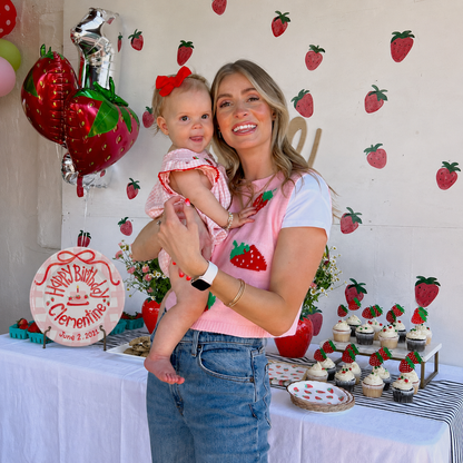 Pink Gingham Edge Birthday Plate, Hand-Painted Red Ribbon & Strawberry Cake Design, Custom Name Ceramic Plate | B019
