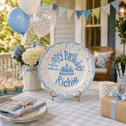 Blue Scalloped Edge Ceramic Plate, Hand-Painted Light Blue Scallops & Confetti, Custom Personalized Name Birthday Plate | B020