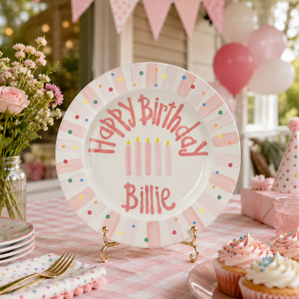 Personalized Ceramic Birthday Plate, Hand-Painted Pink Striped Edge, Custom Birthday Name Billie Keepsake | B004