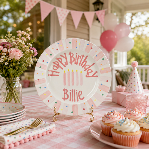 Personalized Ceramic Birthday Plate, Hand-Painted Pink Striped Edge, Custom Birthday Name Billie Keepsake | B004