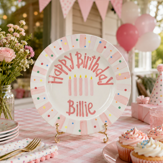 Personalized Ceramic Birthday Plate, Hand-Painted Pink Striped Edge, Custom Birthday Name Billie Keepsake | B004