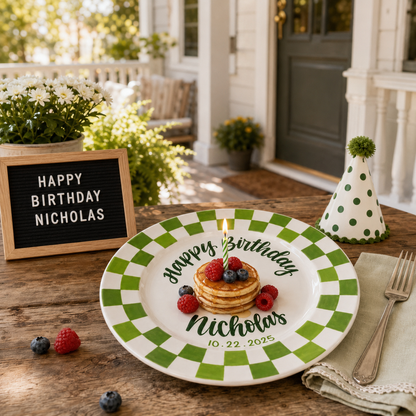 Custom Name Birthday Plate – Green Checkerboard Cake Design | BGI001