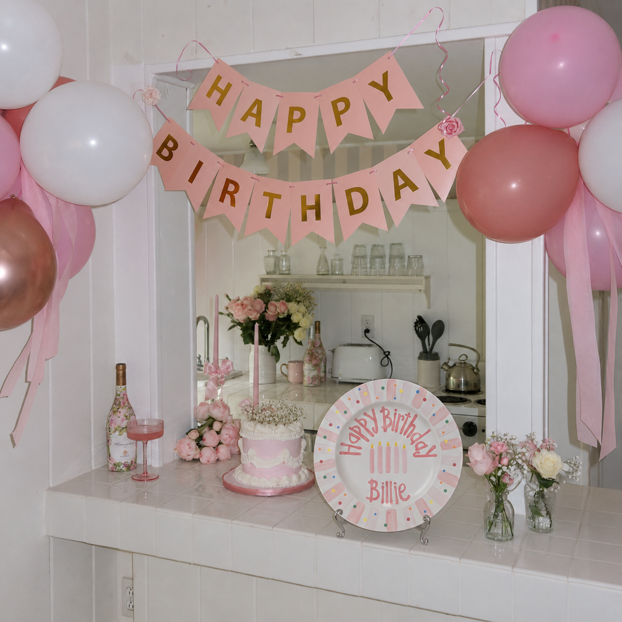 Pink Stripes Birthday Plate, Hand-Painted Birthday Candles Design, Custom Name Ceramic Keepsake, First Birthday | B004