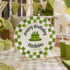 Personalized Birthday Plate – Green Checkered Border & Green Birthday Cake Design | BGI001