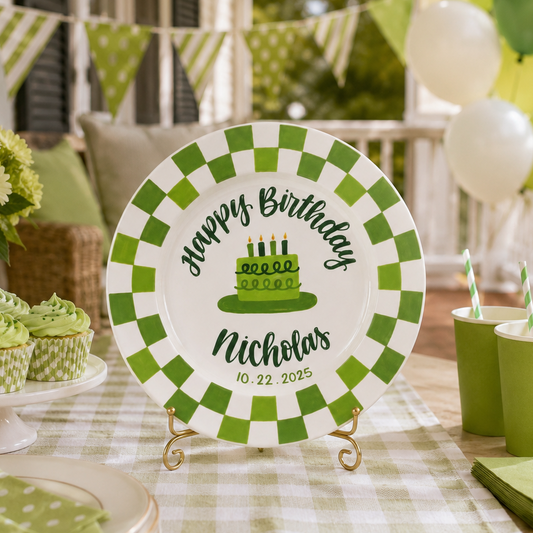 Custom Name Birthday Plate – Green Checkerboard Cake Design | BGI001