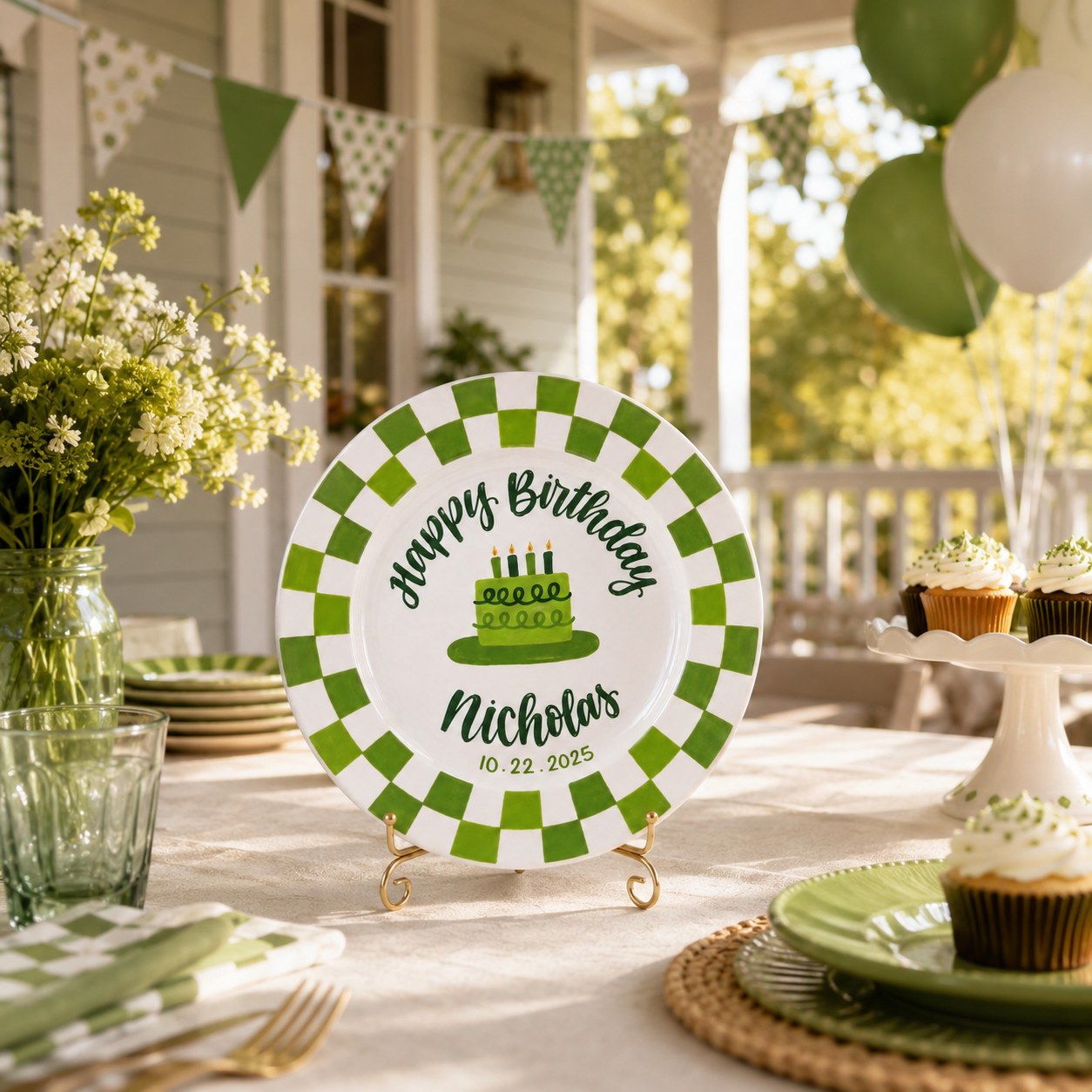 Custom Name Birthday Plate – Green Checkerboard Cake Design | BGI001