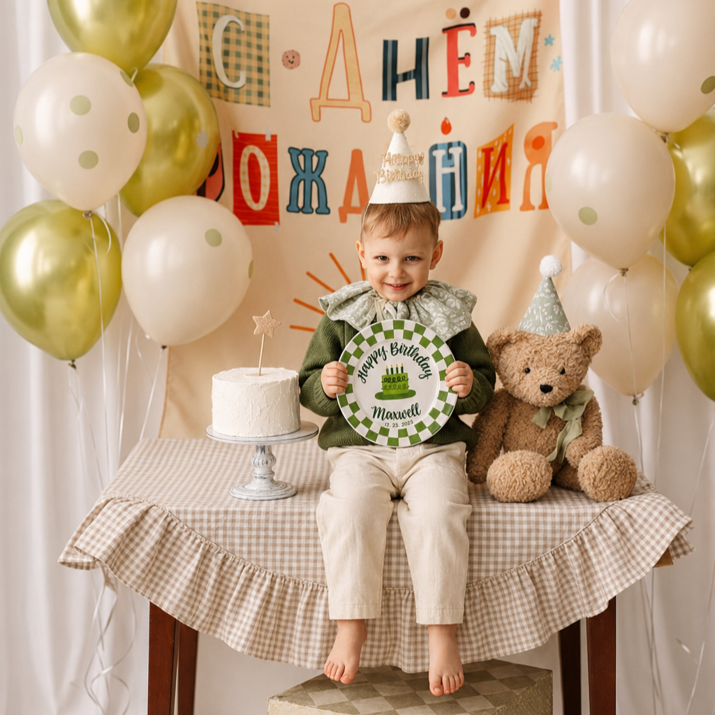 Custom Name Birthday Plate – Green Checkerboard Cake Design | BGI001