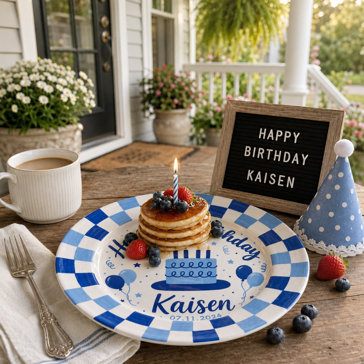 Custom Name Birthday Plate – Blue Checkerboard Cake Design | BGI002